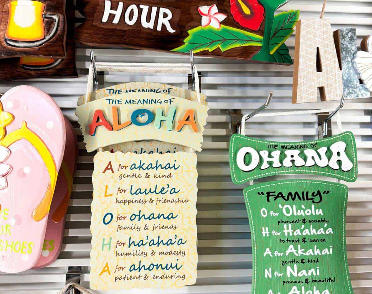 aloha word explained on wooden board.