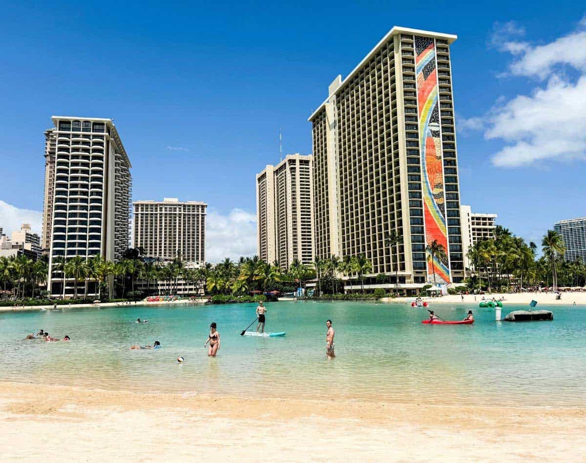 Beach in front of Hilton Hawaiian hotel in Oahu.
