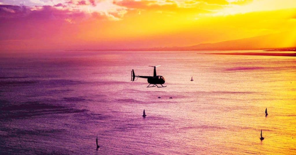 sunset helicopter tour waikiki, oahu in hawaii.