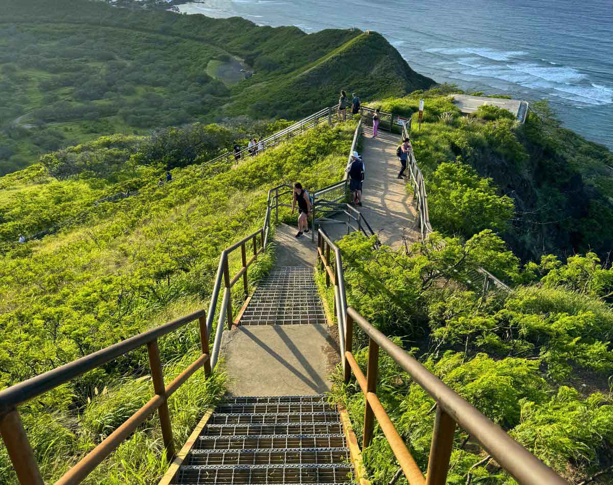 stairs with a view on top of the Diamond Head Crater on Oahu, Hawaii.